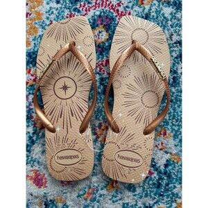 NEW Havaianas Women's Slim Square Logo Metallic Flip Flops Size 7/8